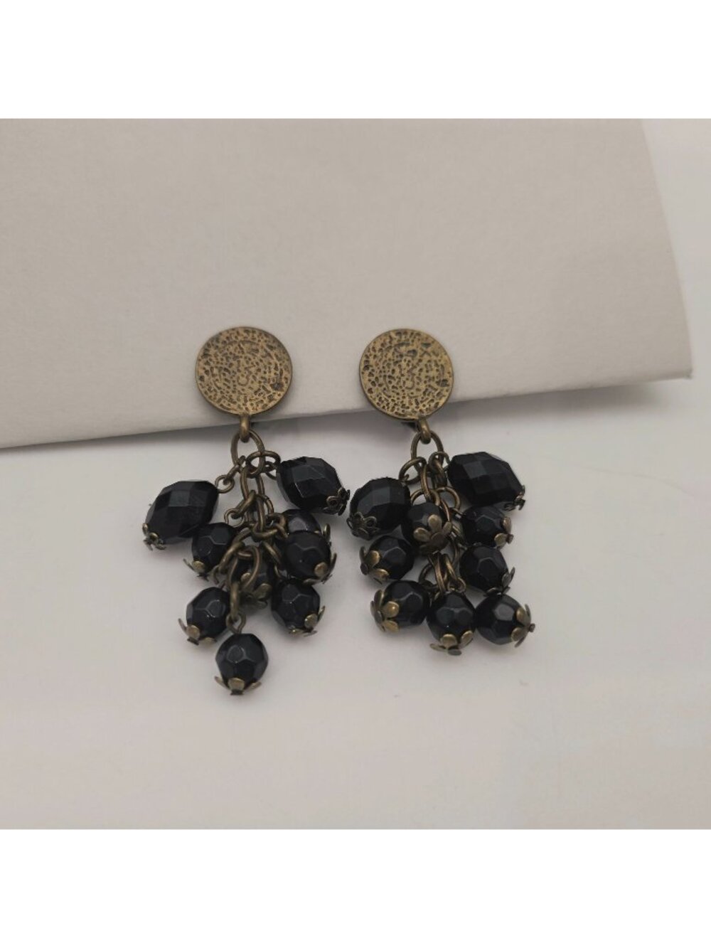 Vintage Black Beaded Drop Earrings With Antique Brass Accents 2.5" Drop